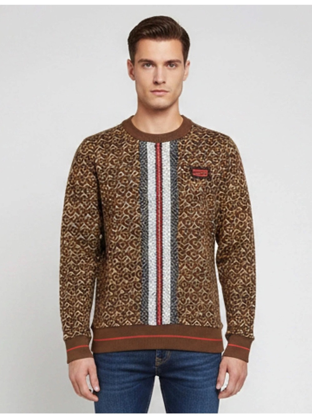 Burberry Brown Patterned Crewneck with Center Stripe